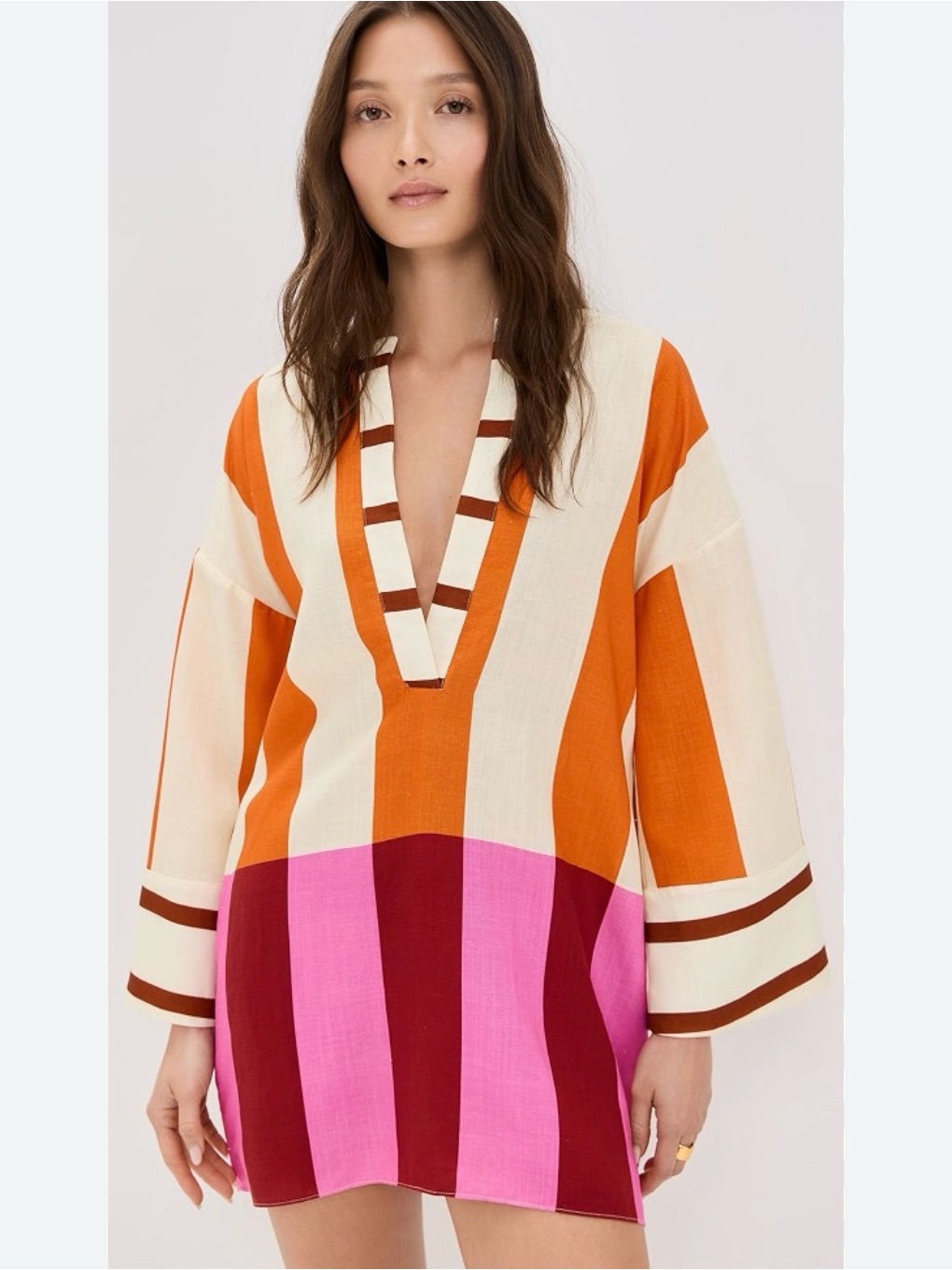 Striped V-Neck Swim Coverup In Orange, Pink & Burgundy